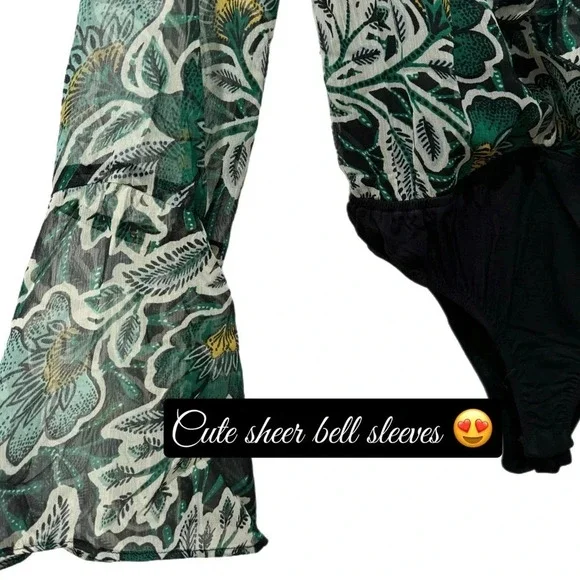 BAND OF THE FREE Bonnie Emerald Long Sleeve Bodysuit Top Bell Sleeve Hippie Boho - Picture 8 of 16